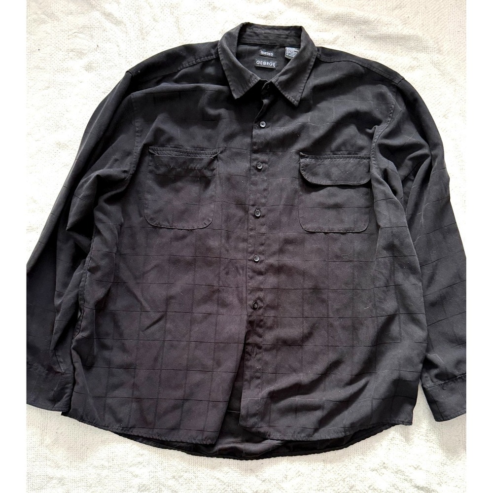 George Sueded XL Black Windowpane Button Front Shirt Soft Touch Long Sleeve